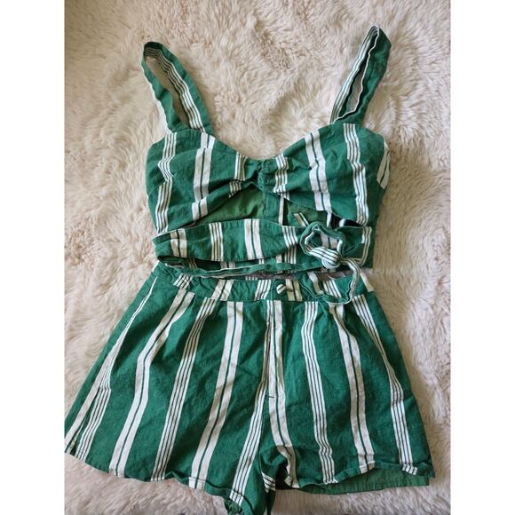 Lovers + Friends Linen Blend Kelly Green Striped 2 Piece Outfit size XS - Picture 1 of 9